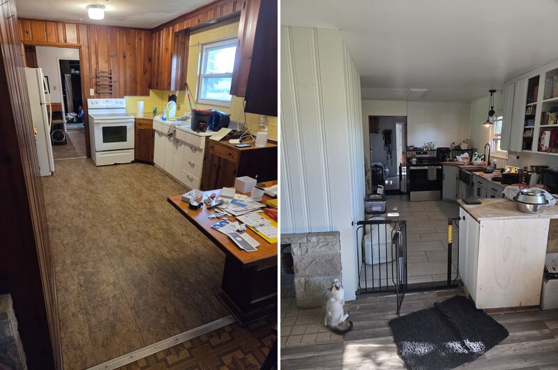Kitchen before and after, side by side. Before: wood paneling, yellow tile backsplash, old floor. After: painted walls, gray lower cabinets, new counters and new floor.